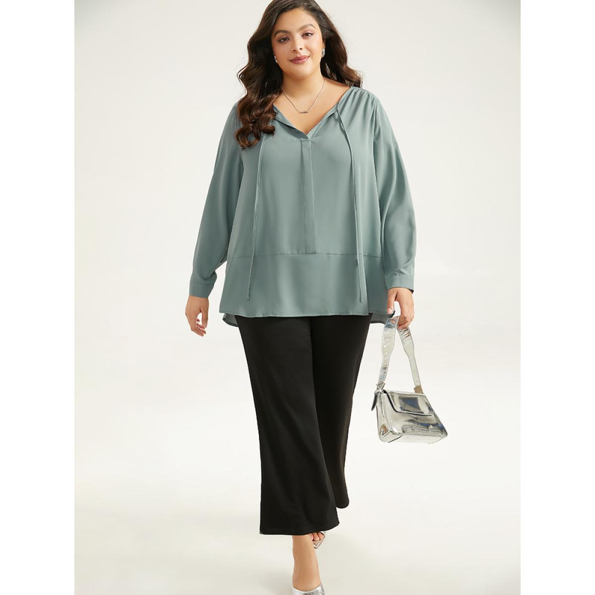 Plus Size SlateGray Solid Tie Neck Gathered Blouse Women Office Long Sleeve Tie Neck Office Blouses BloomChic 22-24/3X Product Image