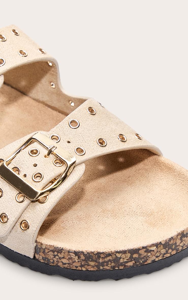 Beige Faux Suede Double Buckle Eyelet Footbed Sandals Product Image