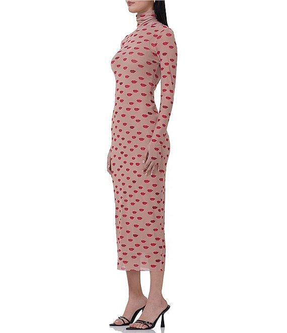AFRM Shailene Mesh Novelty Kiss Print Turtleneck Long Sleeve Bodycon Midi Dress Product Image