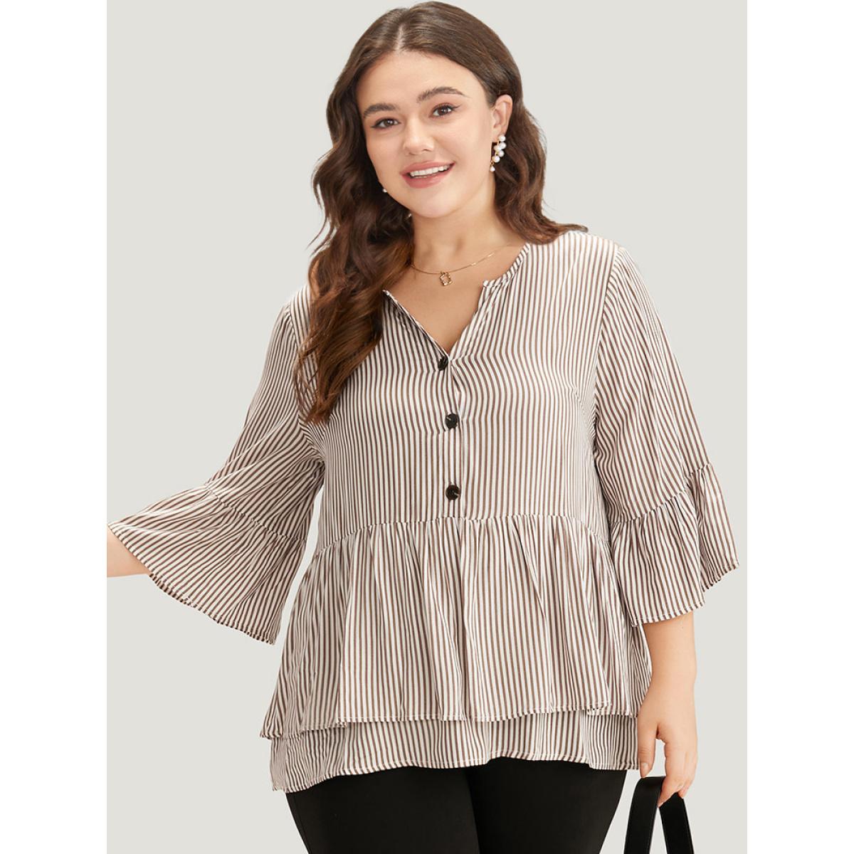 Plus Size Multicolor Striped Button Up Ruffles Bell Sleeve Blouse Women Office Elbow-length sleeve V-neck Office Blouses BloomChic 28/5X Product Image