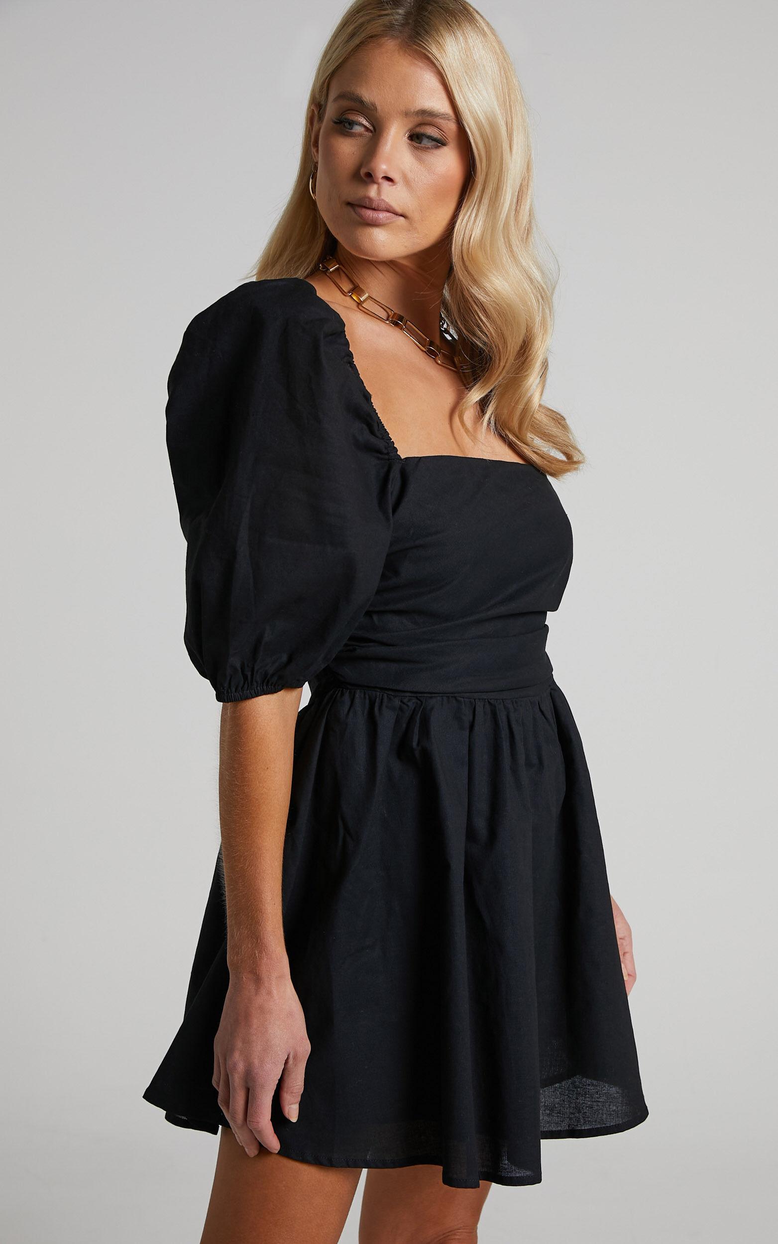 Claudina Mini Dress - Linen Look Puff Sleeve Ruched Bodice Dress in Black Product Image