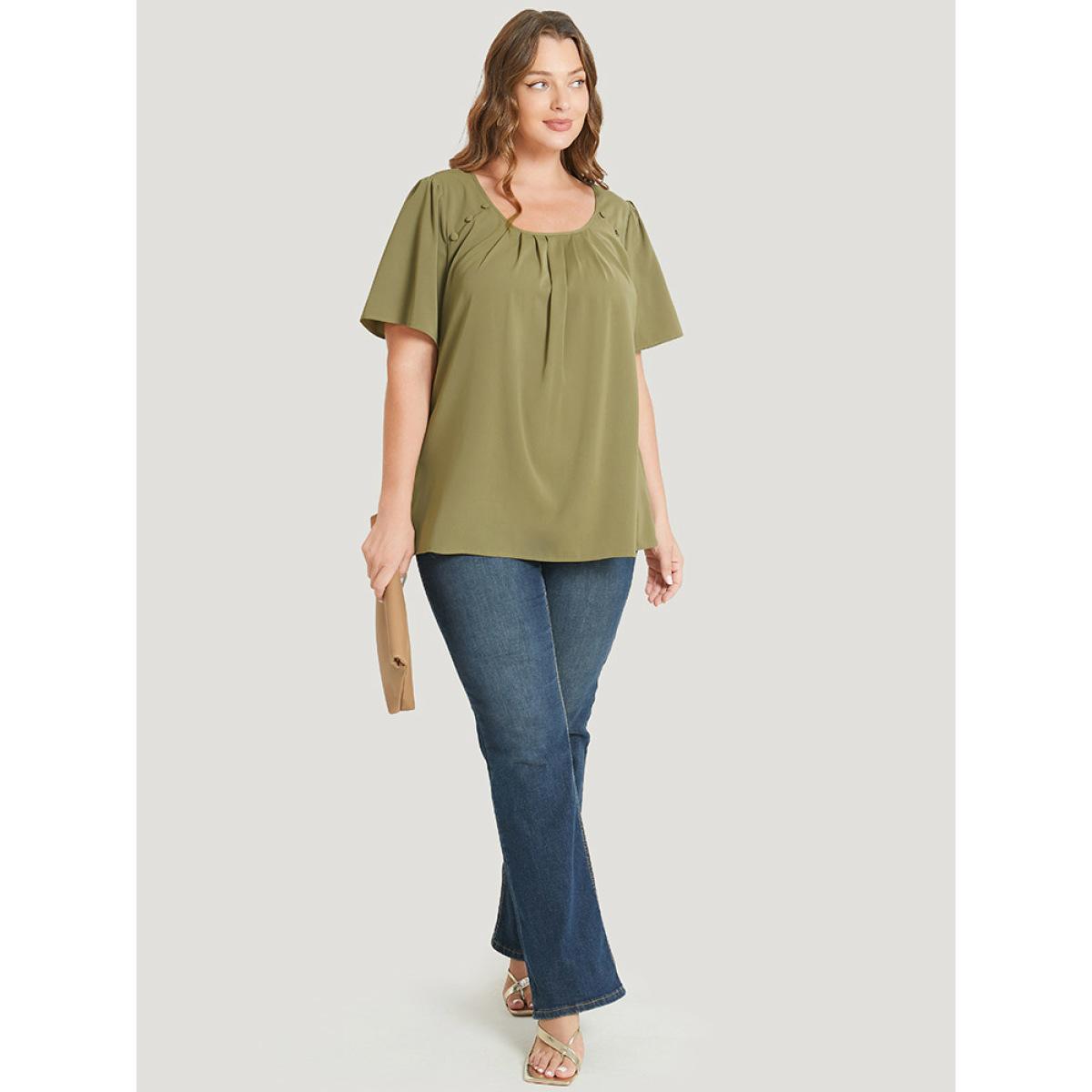 Plus Size SpringGreen Solid Pleated Button Detail Blouse Women Office Short sleeve Round Neck Office Blouses BloomChic 10/M Product Image