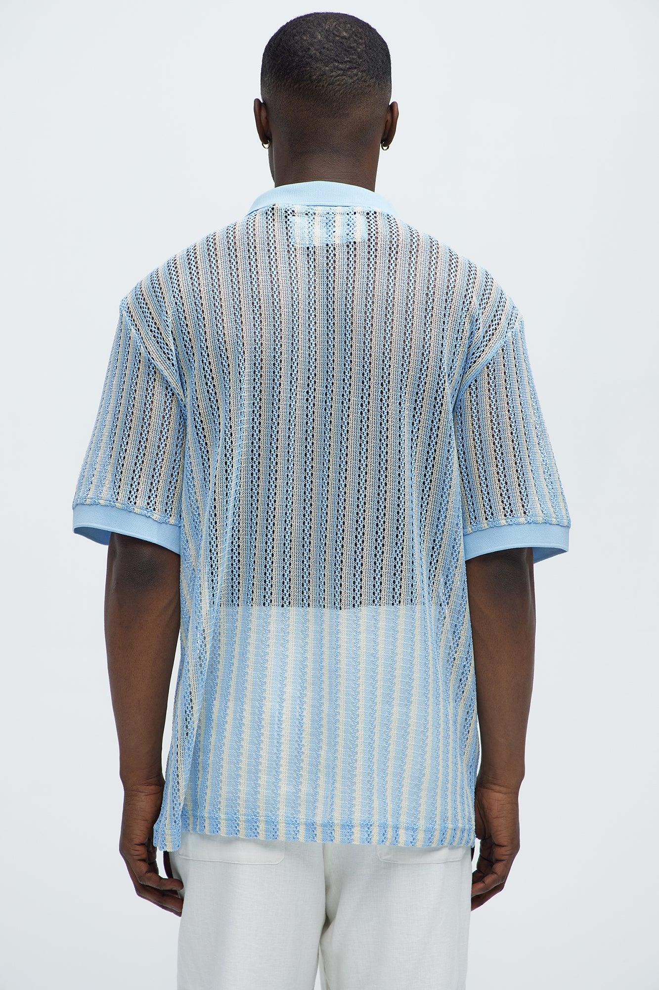Striped Textured Johnny Collar Polo - Blue/combo Product Image