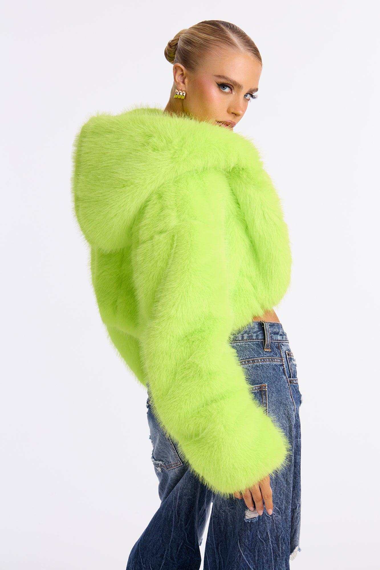 All You Need Cropped Faux Fur Coat - Lime Female Product Image