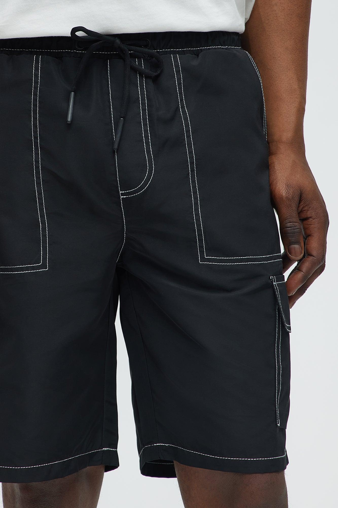 Contrast Stitch Nylon Cargo Short - Black Product Image