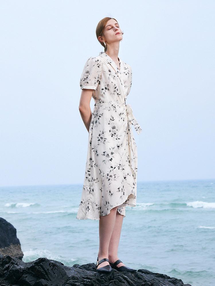 Acetate Ink Floral Print Wrap Midi Dress Product Image