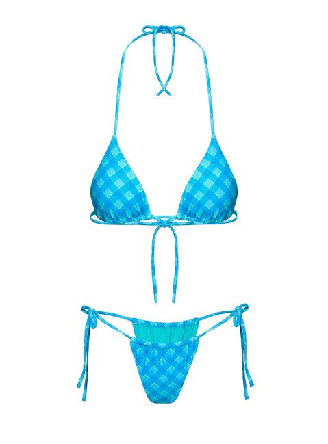 Jenner Tie Side Ruched Bikini Bottom Blue Check Product Image