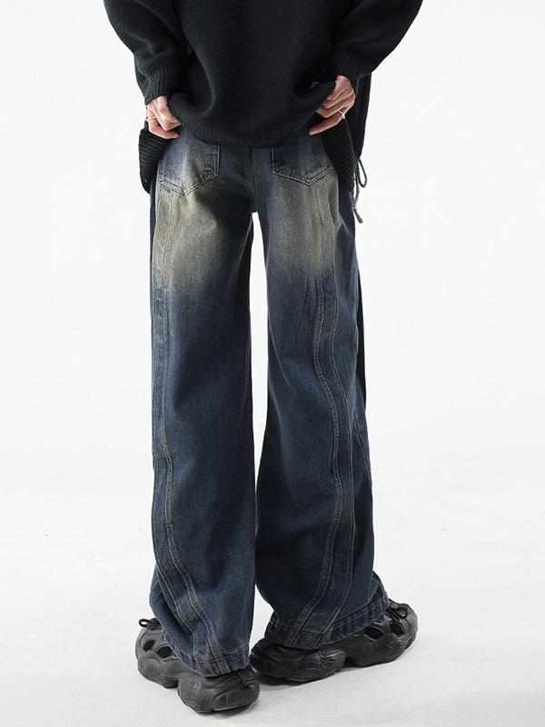 Men's Vintage Wash Splice Loose Jeans Product Image