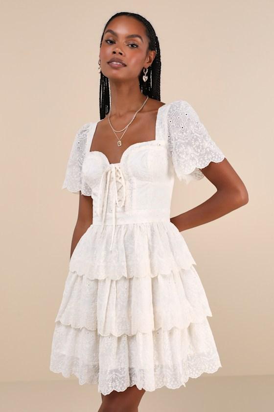 Inclined to Charm Ivory Embroidered Tiered Lace-Up Mini Dress Product Image