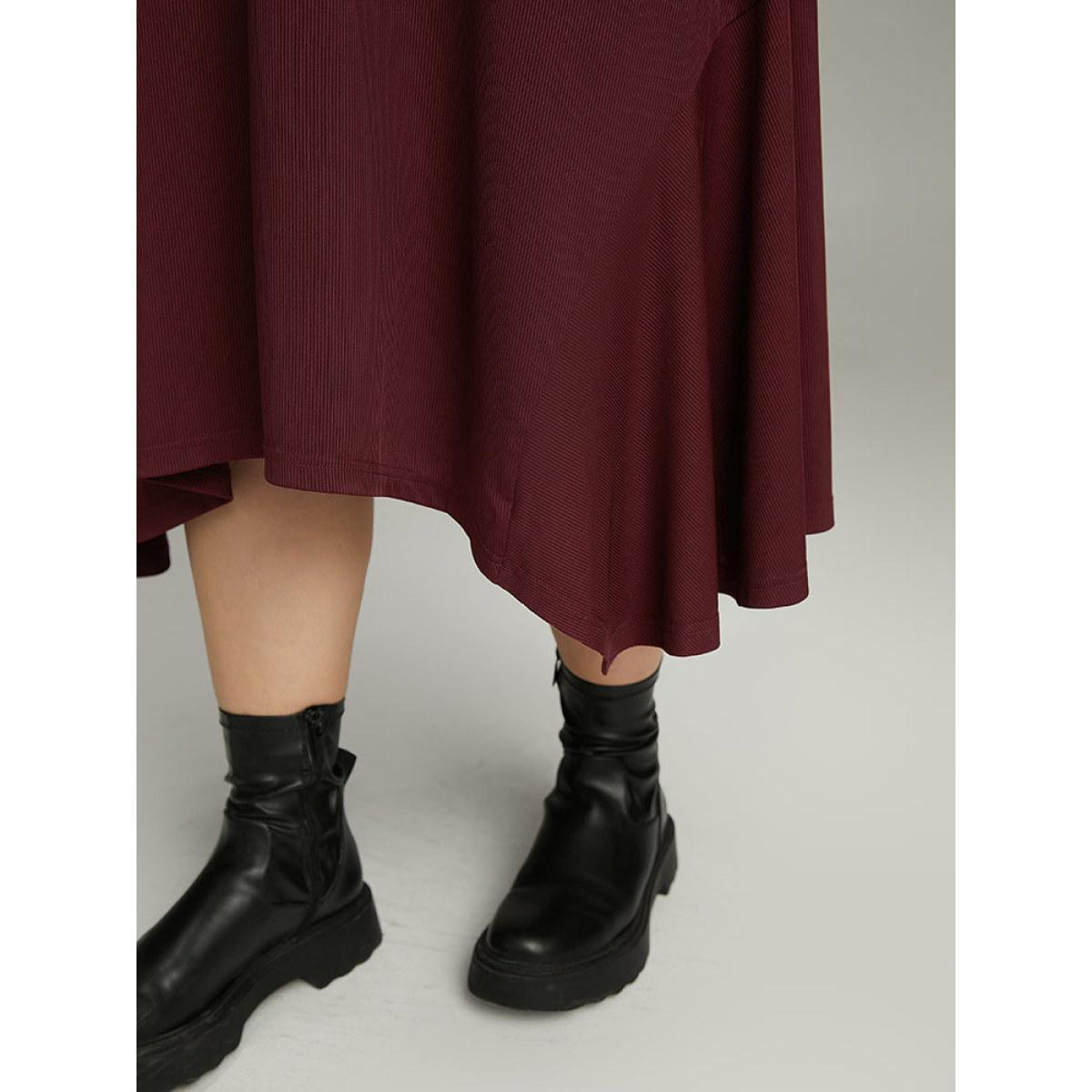 Plus Size Solid Rib Knit Crew Neck Twist Front Dress Burgundy Women Casual Plain Round Neck Long Sleeve Curvy Midi Dress BloomChic 22-24/3X Product Image