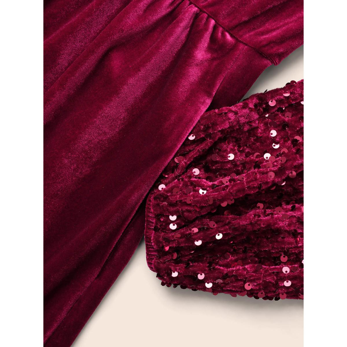 Plus Size Shimmery Embellishments Shirt Collar Midi Dress Burgundy Women Cocktail Texture Shirt collar Long Sleeve Curvy BloomChic 14-16/1X Product Image