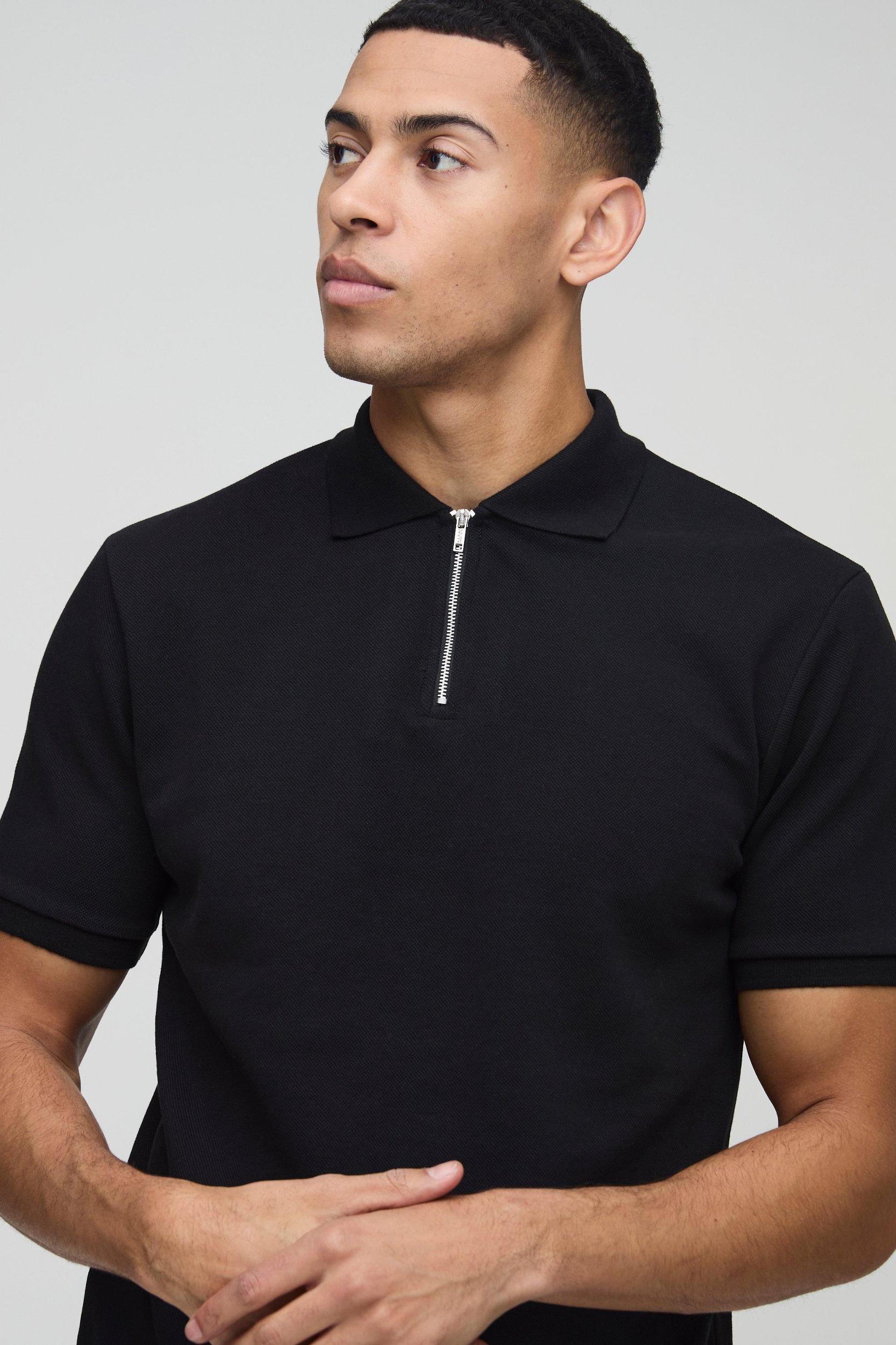 Slim Fit Smart Pique Interlock Zip Polo Shirt | boohooMAN USA Product Image