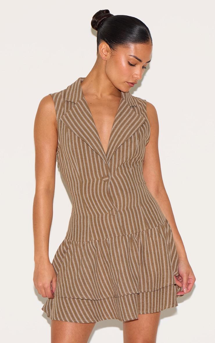 Petite Taupe Striped Button Up Frill Dress Product Image