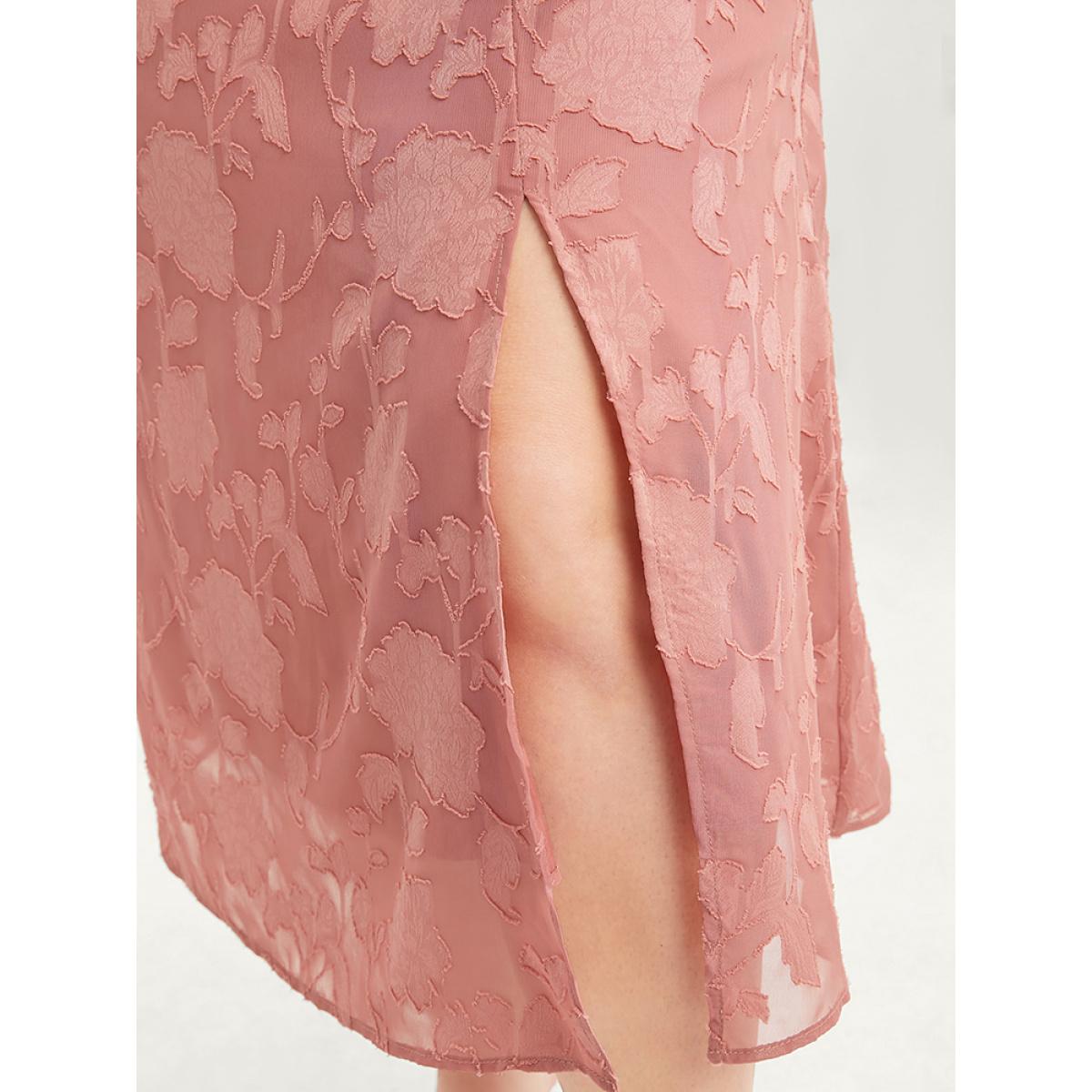 Plus Size Plain Surplice Neck Split Mesh Pocket Ruffles Dress Rouge Women Elegant See through Overlap Collar Short sleeve Curvy Long Dress BloomChic 26/4X Product Image