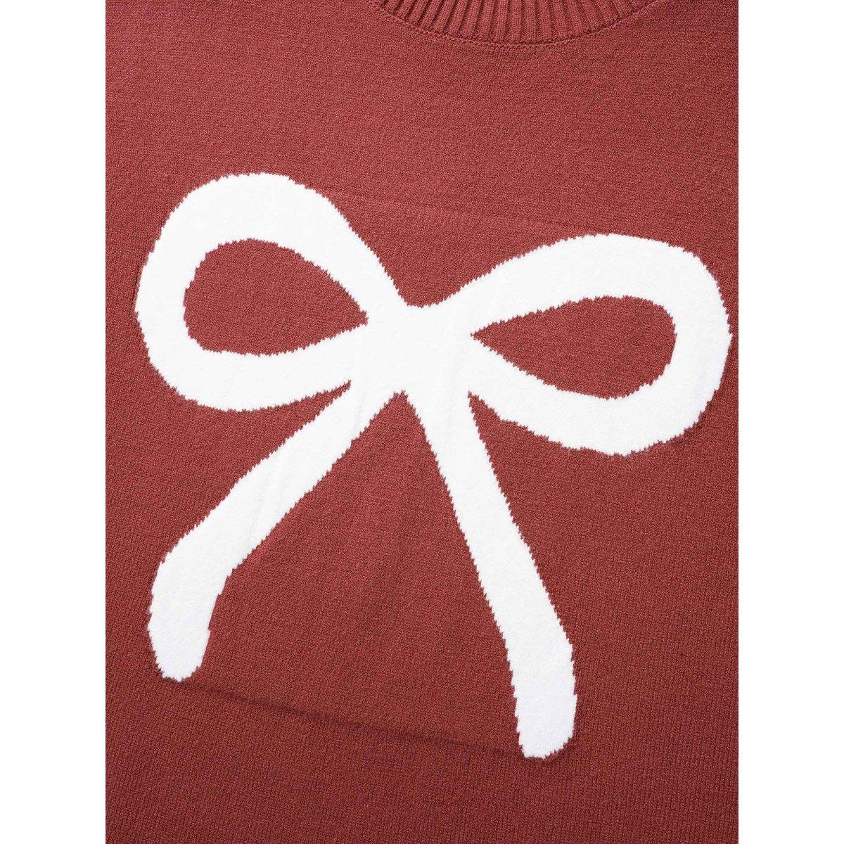 Plus Size Bowknot Jacquard Drop Shoulder Pullover DustyPink Women Casual Long Sleeve Round Neck Everyday Pullovers BloomChic 26/4X Product Image