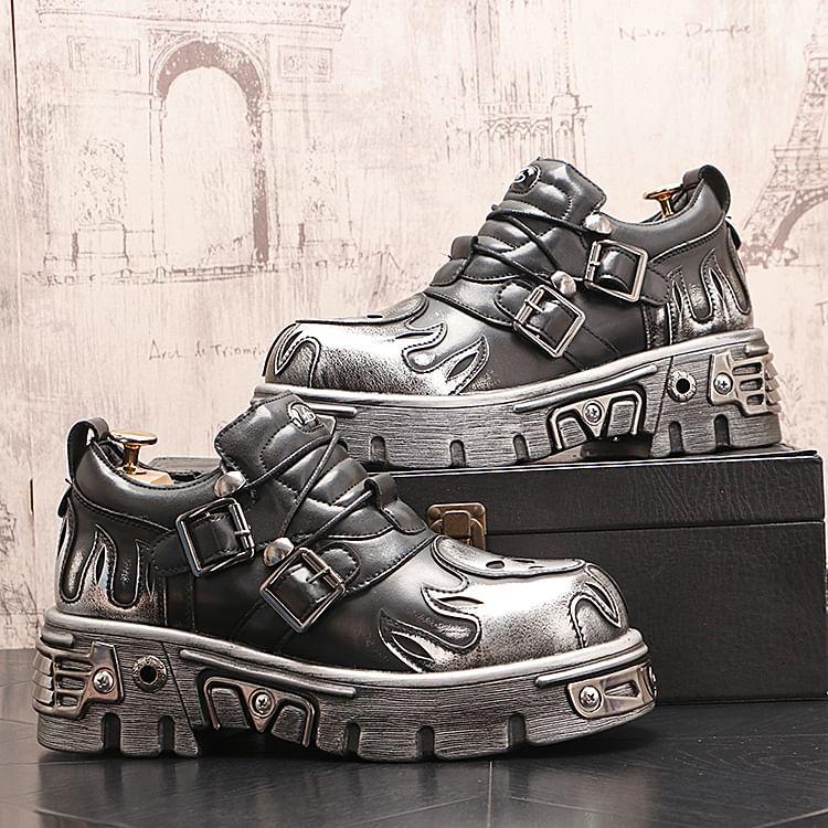 Platform Buckled Lace-Up Faux Leather Shoes Product Image