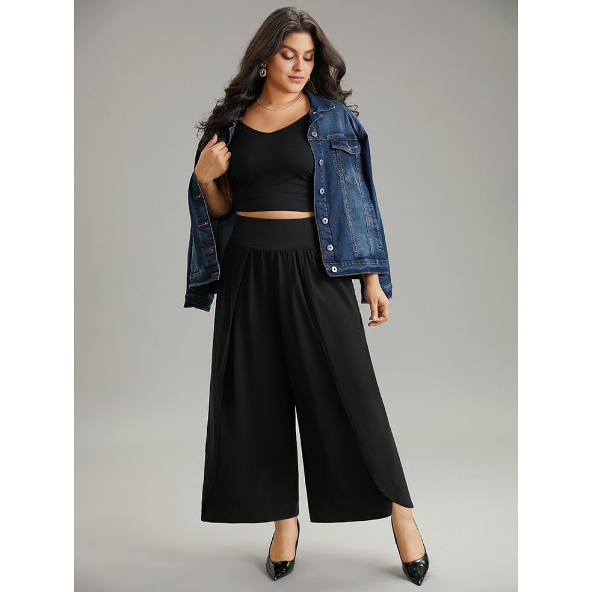 Plus Size Plain Wrap Hem Wideband Waist Wide Leg Pants Women Black Casual Wide Leg High Rise Dailywear Pants BloomChic 18-20/2X Product Image