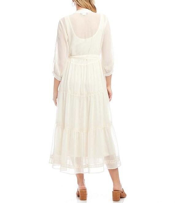 Karen Kane Embroidered Crew Neck 3/4 Bishop Cuffed Sleeve Belted Tiered Midi Shirtdress Product Image