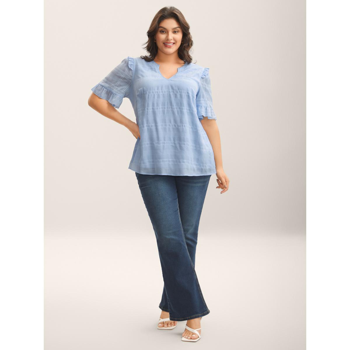 Plus Size LightBlue Checked Texture Jacquard Notched Collar Blouse Women Short sleeve Notched collar Elegant Blouses BloomChic 22-24/3X Product Image