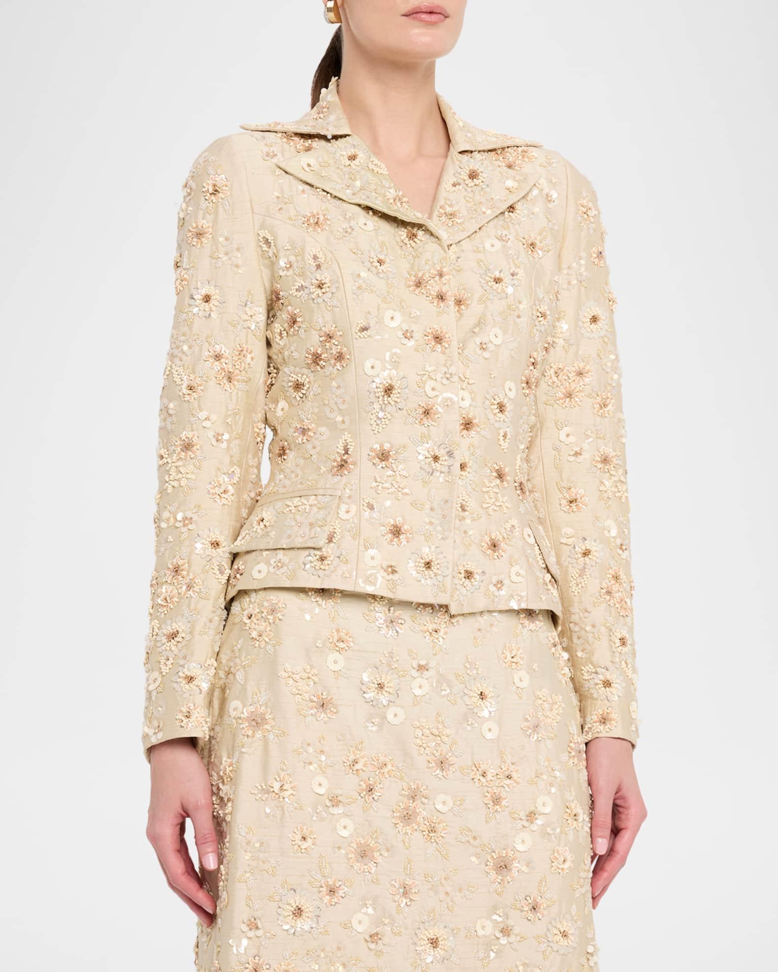 Floral Embroidered Single-Breasted Silk Blazer  Product Image