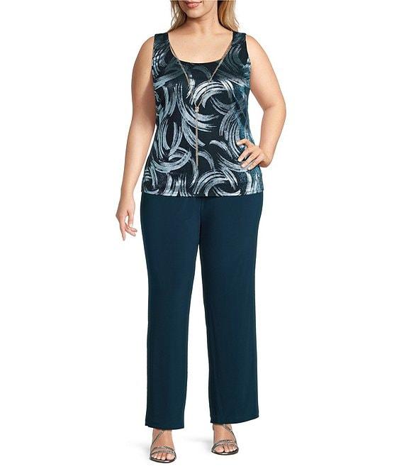 R & M Richards Plus Size 3/4 Sleeve Scoop Neck 3-Piece Foil Festival Crinkle Pant Set Product Image