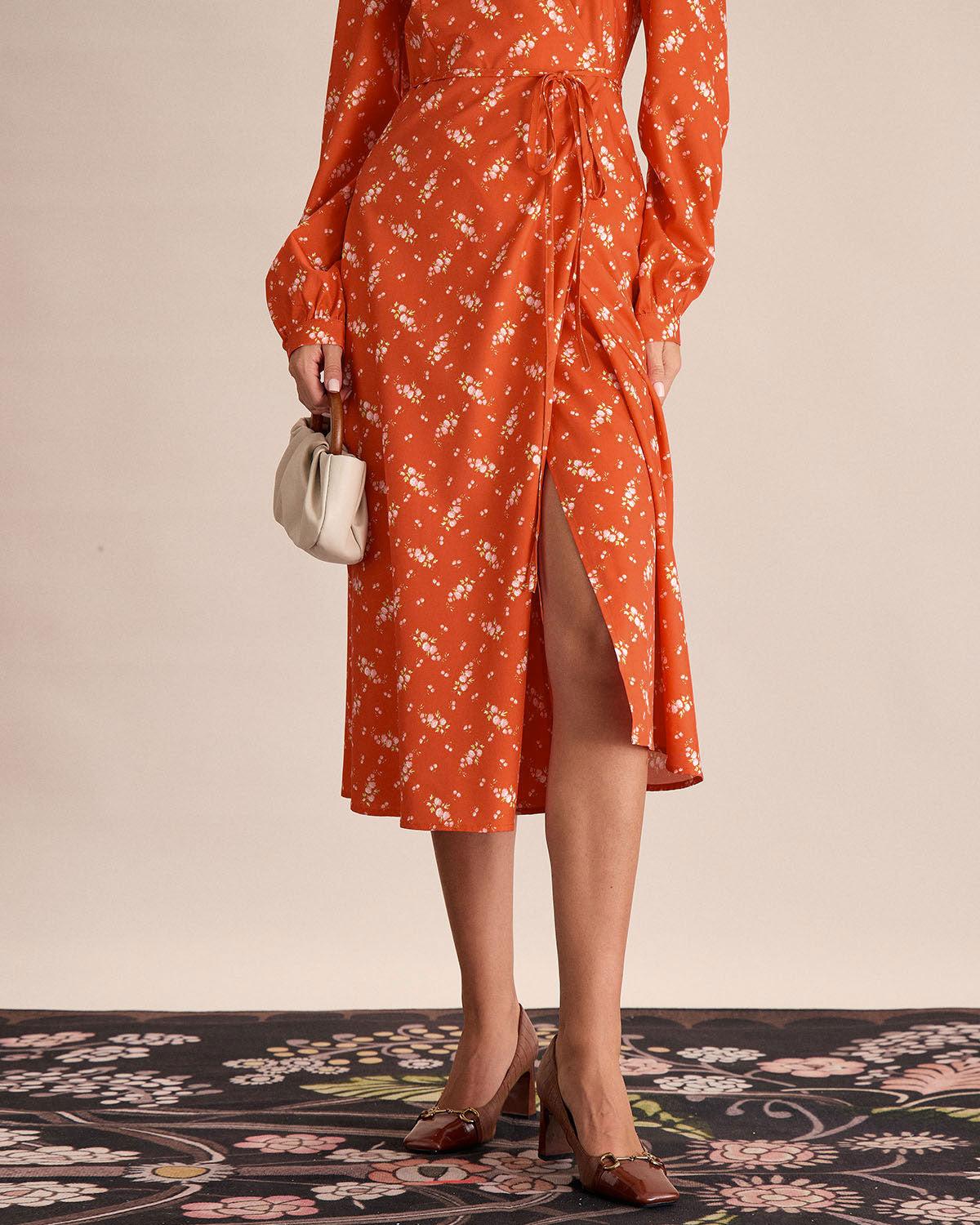 Orange Floral Wrap Midi Dress Product Image