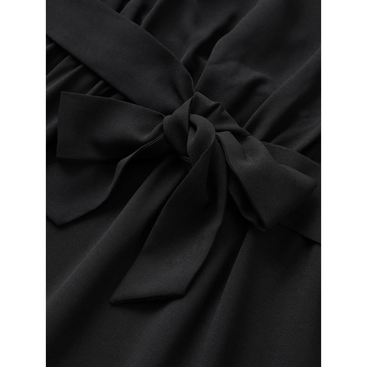 Plus Size Butterfly Patchwork Tie Neck Ruffles Belted Dress Black Women At the Office Non V-neck Short sleeve Curvy Midi Dress BloomChic 14-16/1X Product Image