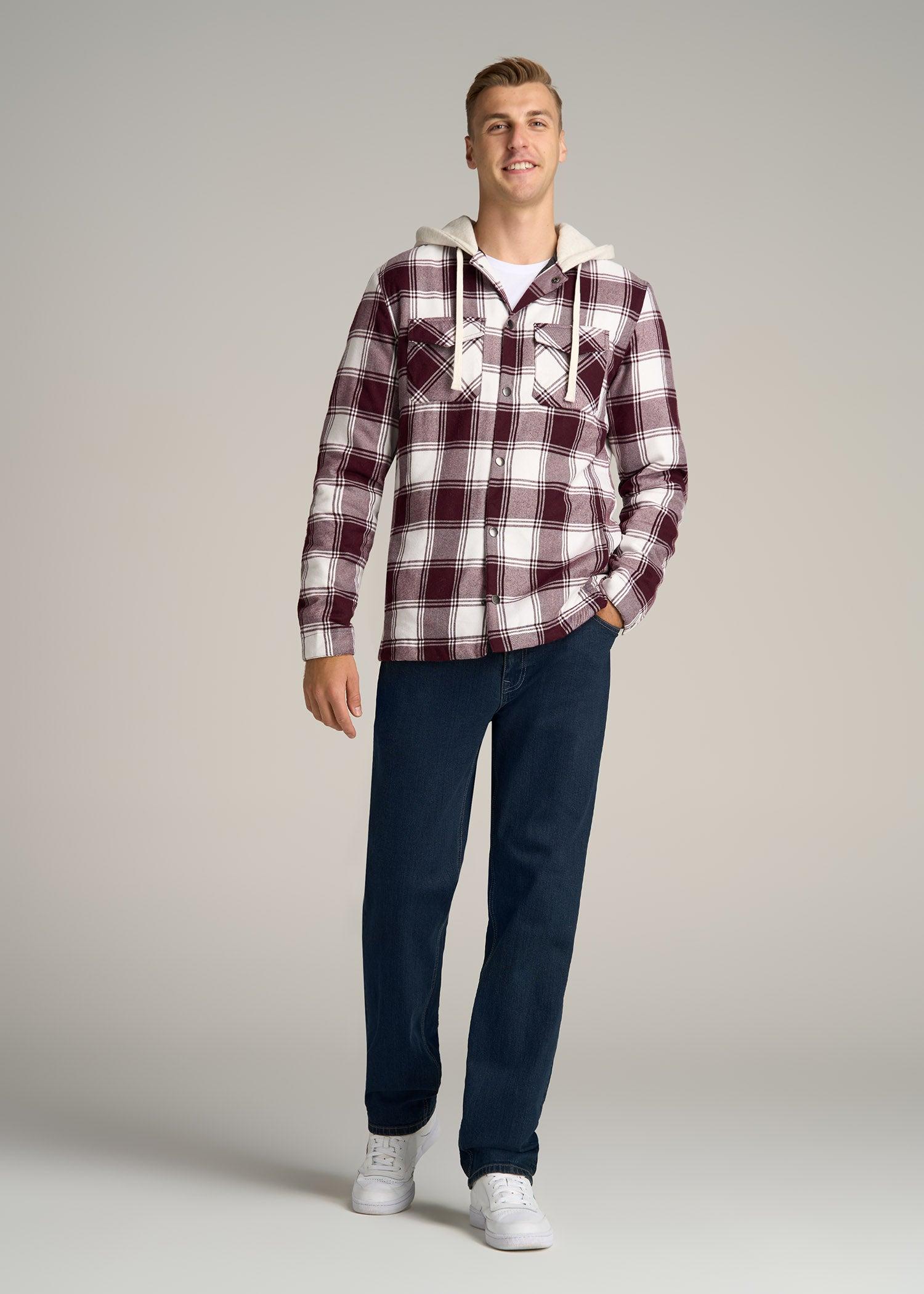 Hooded Flannel Shirt Jacket for Tall Men in Maroon & White Plaid Product Image