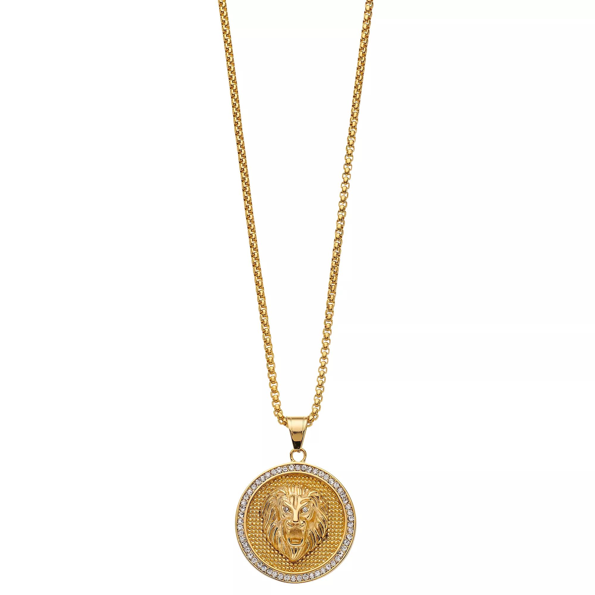 Men's Gold Tone Ion-Plated Stainless Steel Crystal Lion Head Medallion Pendant Necklace, Size: 24" Product Image
