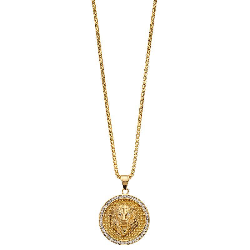 Men's Gold Tone Ion-Plated Stainless Steel Crystal Lion Head Medallion Pendant Necklace, Size: 24" Product Image