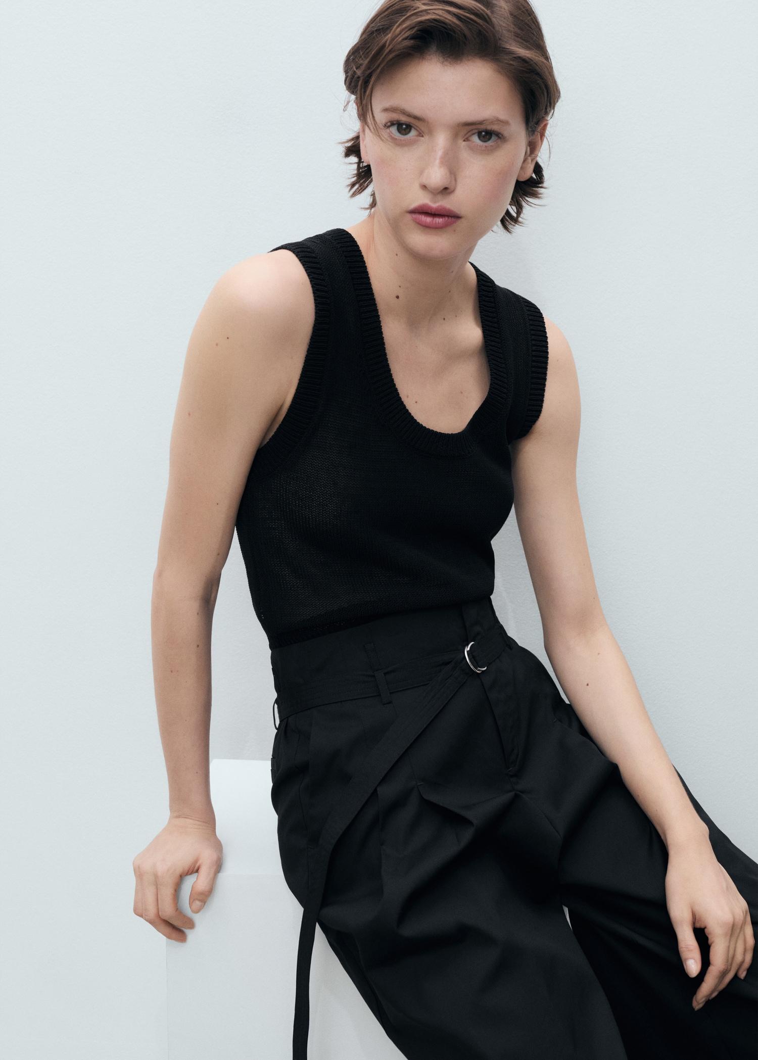 Wideleg cotton pants with belt - Women | MANGO USA Product Image