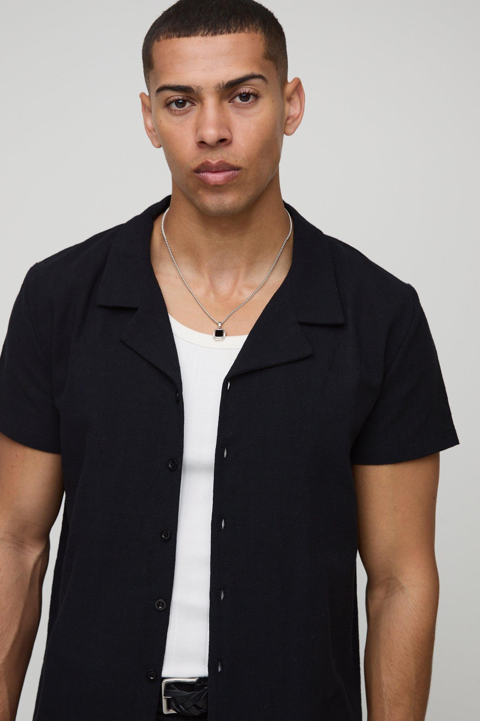 Regular Fit Linen Look Revere Short Sleeve Shirt | boohooMAN USA Product Image