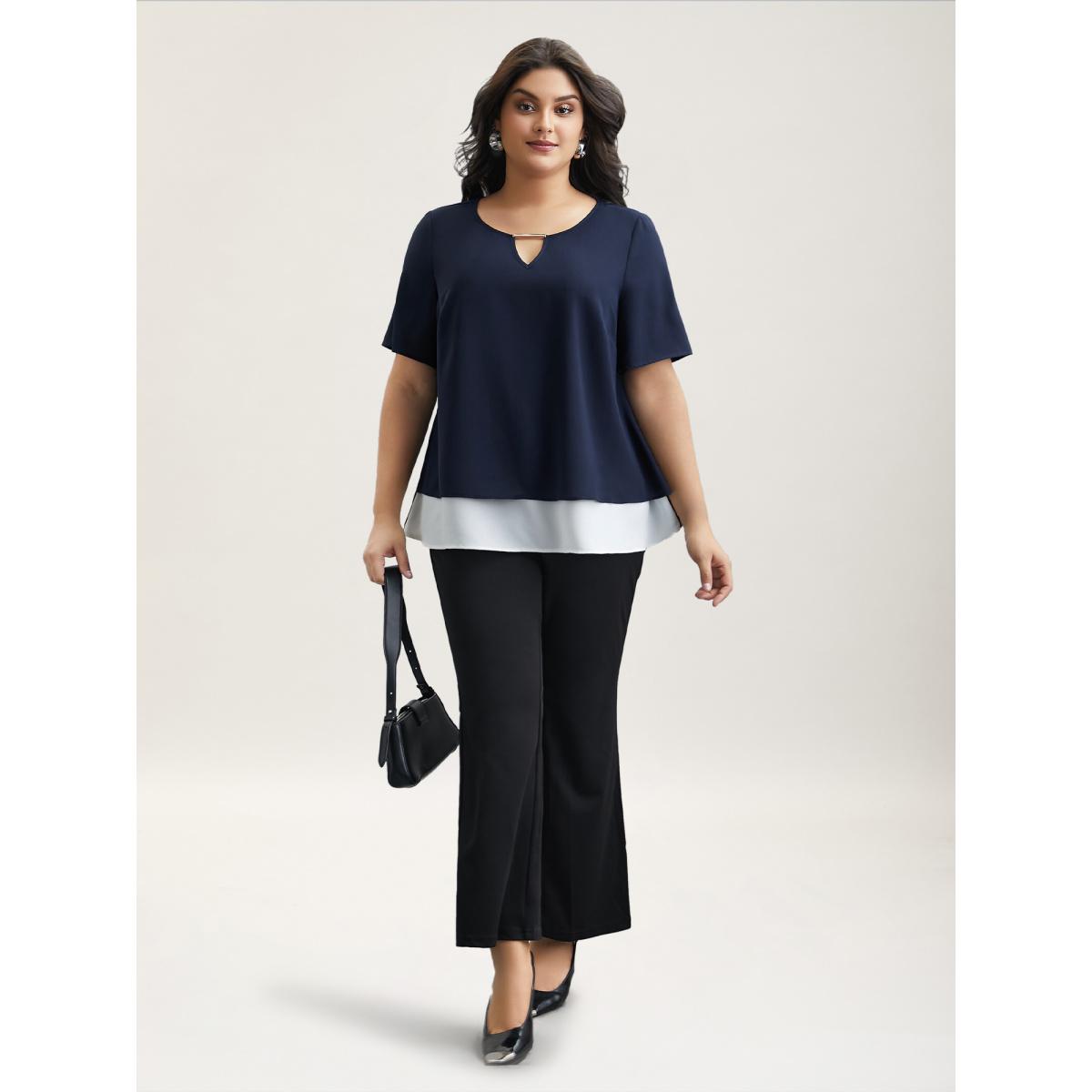 Plus Size Indigo Neck Cut-Out Color Contrast Shirt Women At the Office Short sleeve Round Neck Work Blouses BloomChic 26/4X Product Image