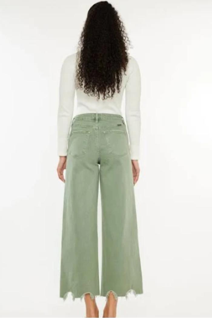 Cropped Wide Leg Jeans - olive and ecru Product Image