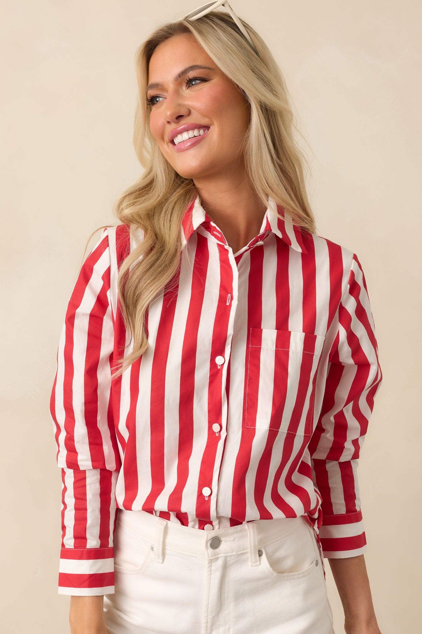 Prosperina Paula Red Stripe Cotton Button Front Top Product Image