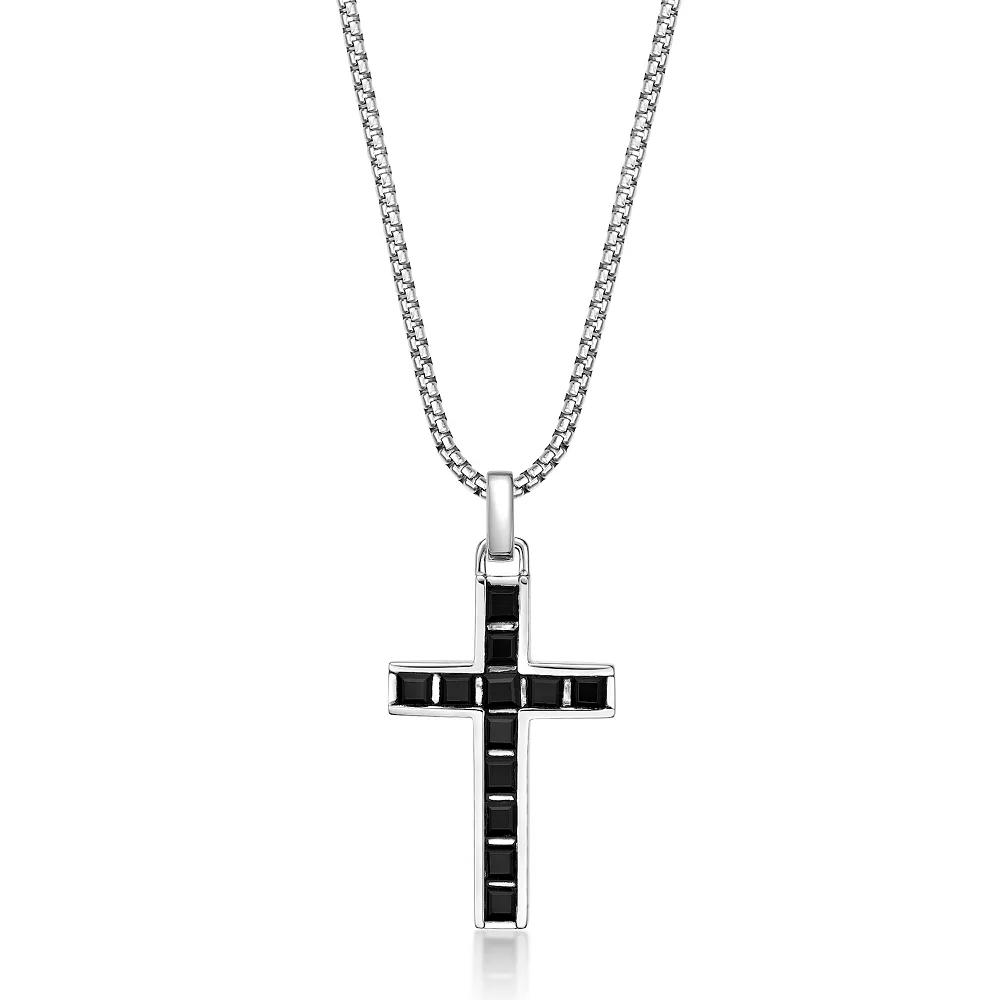 Mens LYNX Sterling Silver Onyx Cross Pendant Necklace Product Image