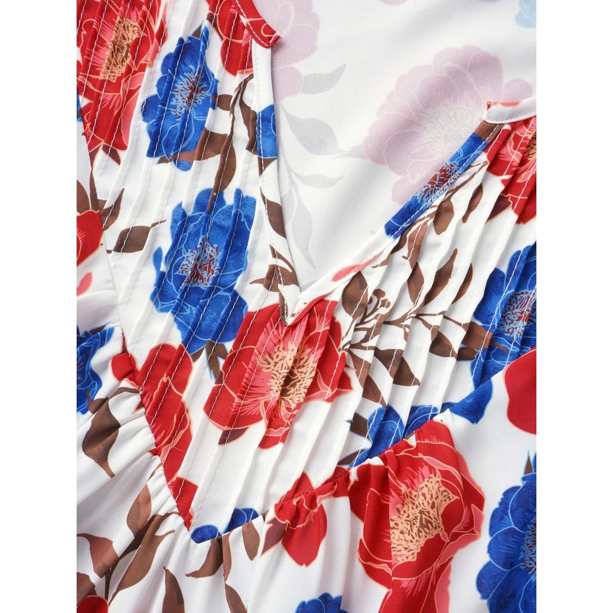 Plus Size Multicolor Floral Notched Collar Pleated Raglan Sleeve Blouse Women Elegant Short sleeve Notched collar Everyday Blouses BloomChic 14-16/1X Product Image