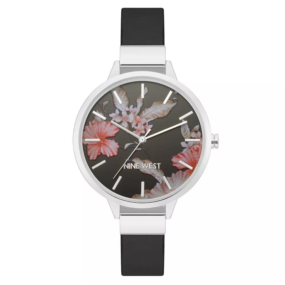 Nine West Women's Black Strap Watch with Flower Dial, Size: Medium Product Image