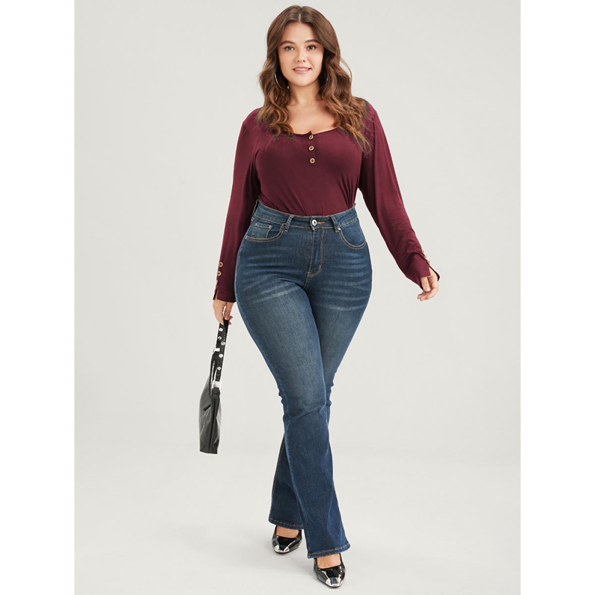 Plus Size Plain Button Front Scoop Neck Modal Long Tee Scarlet Women Elegant Button Plain Scoop Neck Bodycon Dailywear T-shirts BloomChic 18-20/2X Product Image