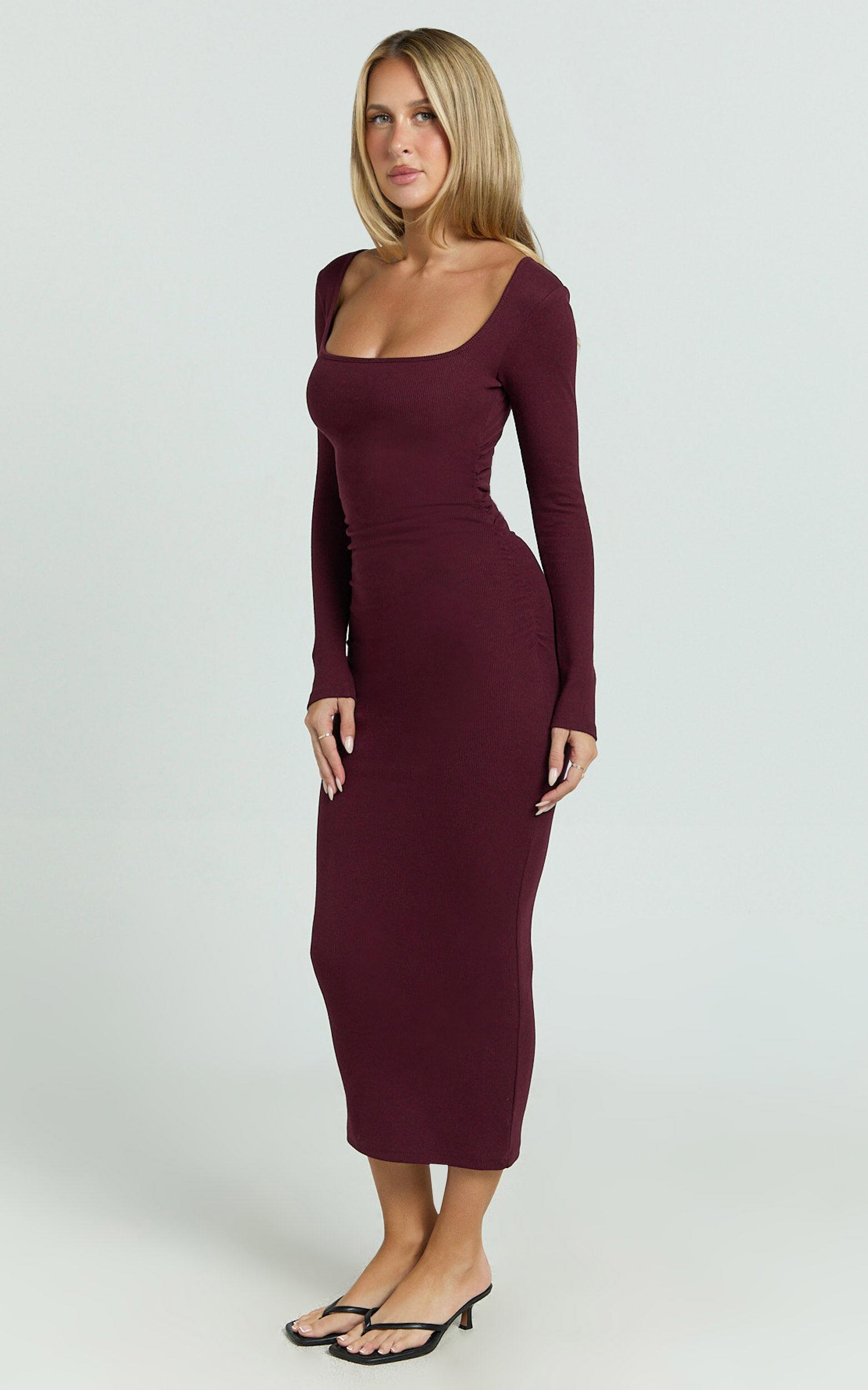Lucy Midi Dress - Ribbed Side Ruched Bodycon Dress in Wine Product Image
