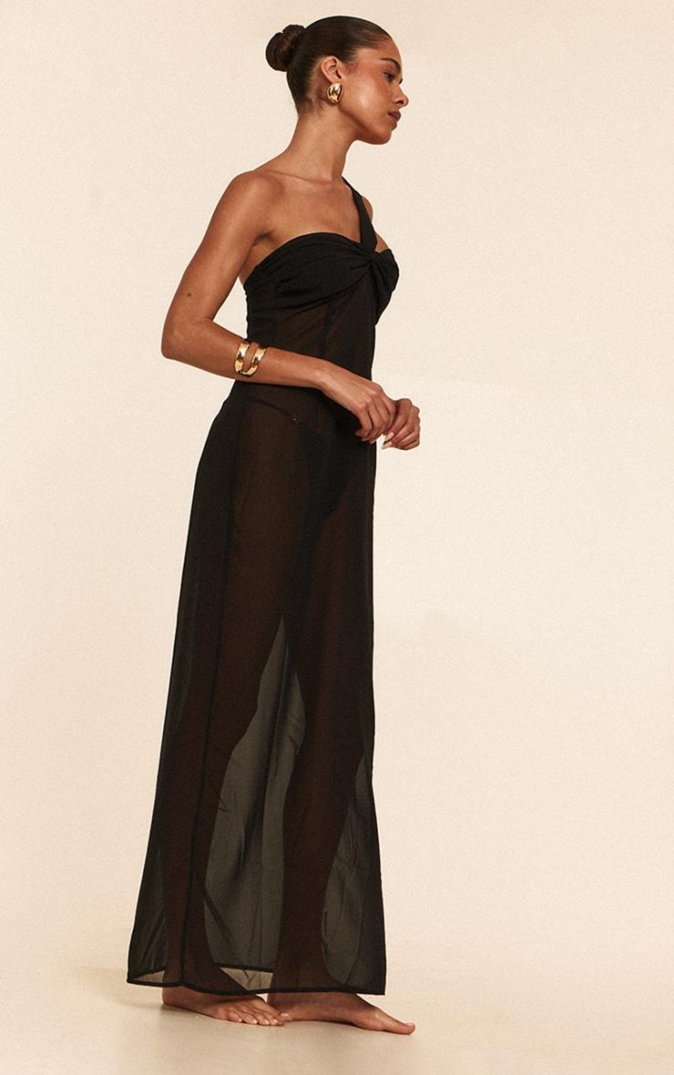 Black Ruched Chiffon Maxi Beach Dress Product Image