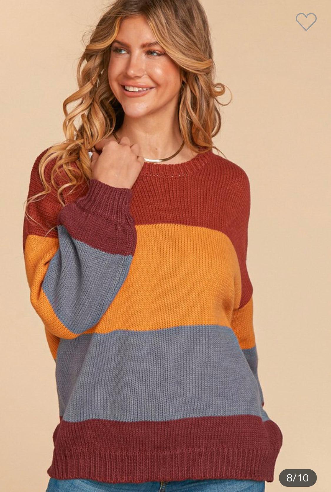 2539   Alicia Round Neck Color Block Bubble Sleeve Loose Fit Sweater Product Image
