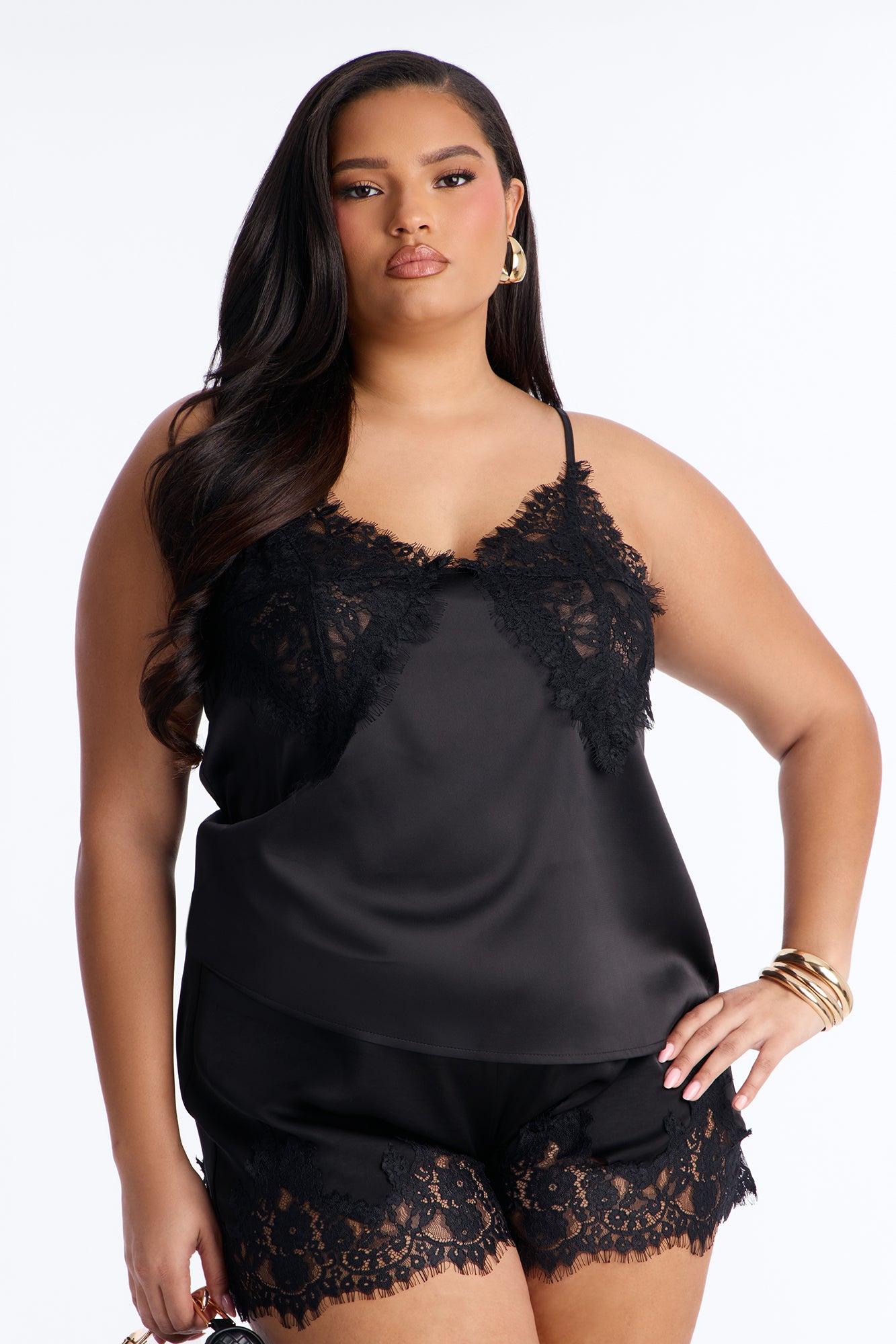 Little Secrets Lace Trim Satin Cami Top - Black Female Product Image
