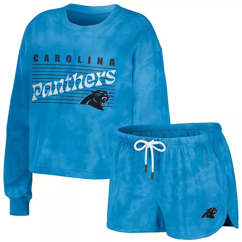 Women's WEAR by Erin Andrews Blue Carolina Panthers Tie-Dye Cropped Pullover Sweatshirt & Shorts Lounge Set,  Product Image
