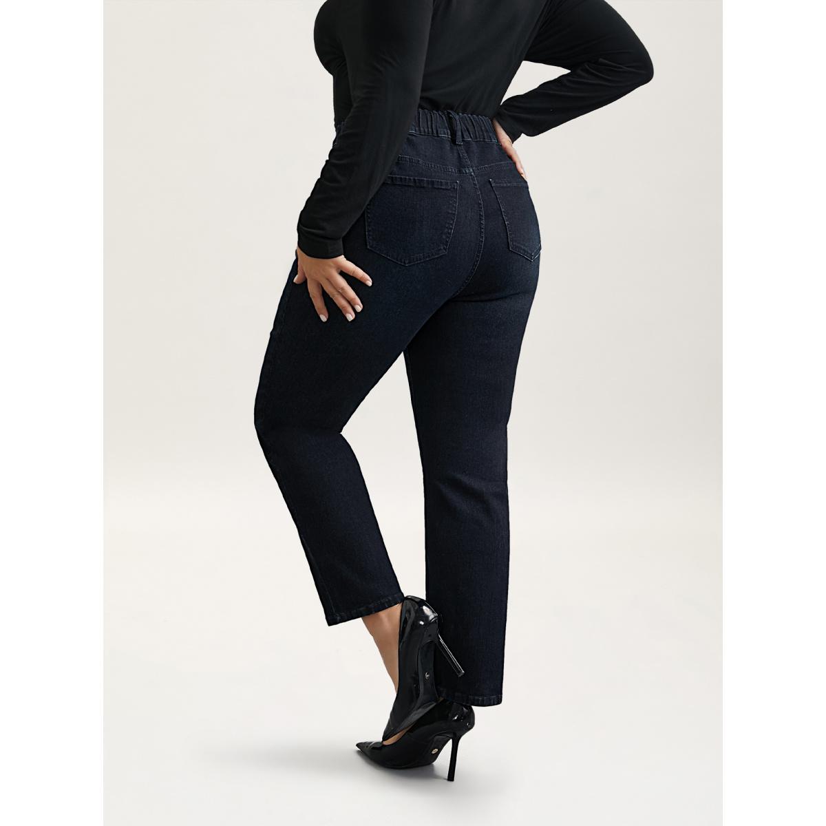 Plus Size Whiskered Mid-Rise Skinny-Fit Jeans Women Denimcharcoal Elegant Button Medium stretch Slanted pocket Jeans BloomChic 20/2X Product Image