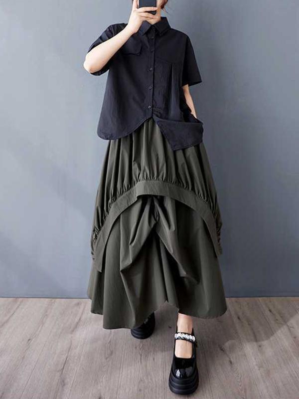 A-Line Loose Asymmetric Elasticity Pleated Pockets Solid Color Skirts Bottoms Product Image