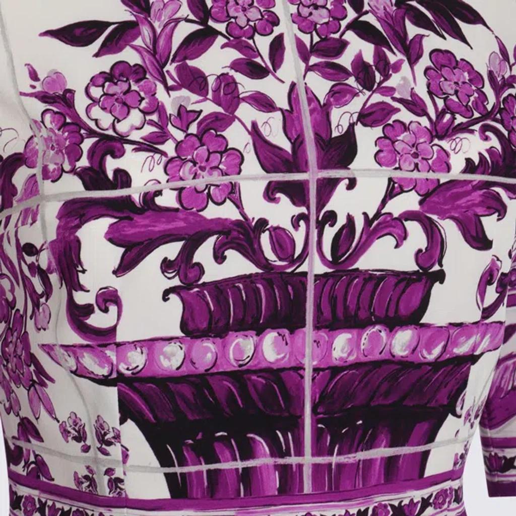 DOLCE & GABBANA Violet Crewneck Dress With Rear Zip Closure And All-over Floral Print In Silk Stretch Woman In Purple Product Image