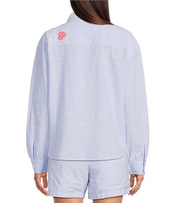 Lilly Pulitzer Bondi Jacaranda Beach Day Embroidered Seacret Stripe Print Point Collar Long Sleeve Coordinating Top Product Image
