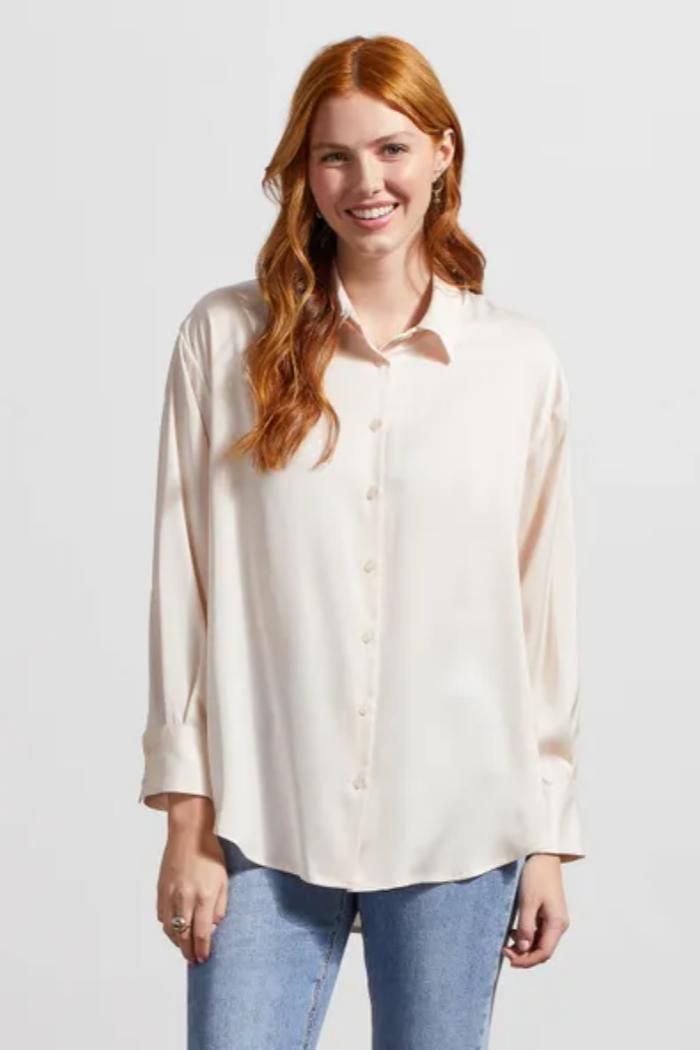 FLOWY SATIN BUTTON-UP SHIRT Product Image