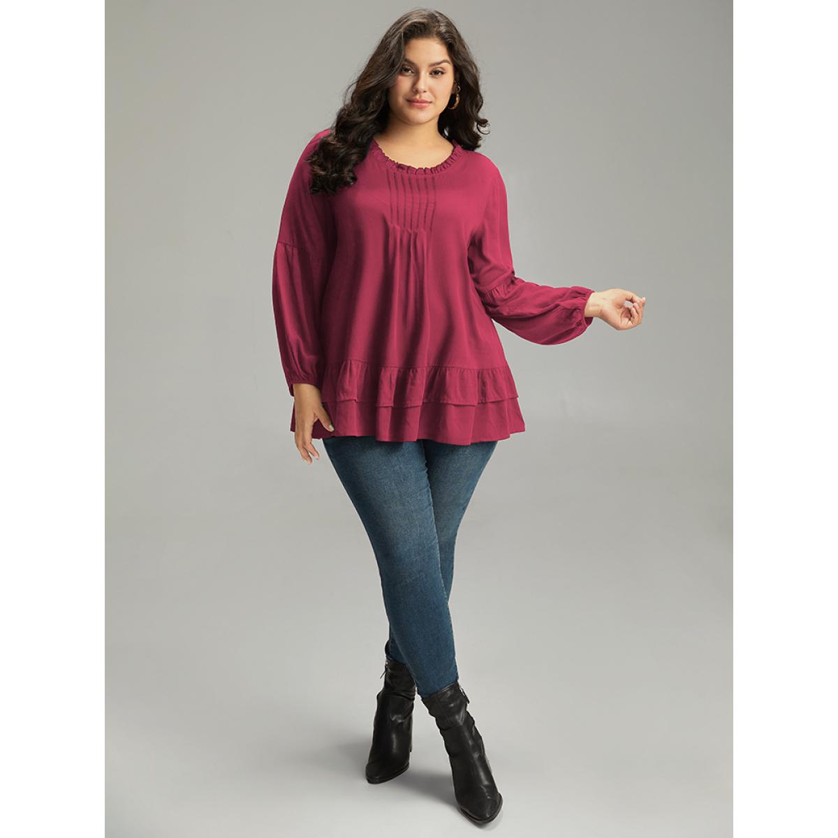 Plus Size Scarlet Seam Detail Frill Trim Layered Blouse Women Elegant Long Sleeve Round Neck Dailywear Blouses BloomChic 14-16/1X Product Image
